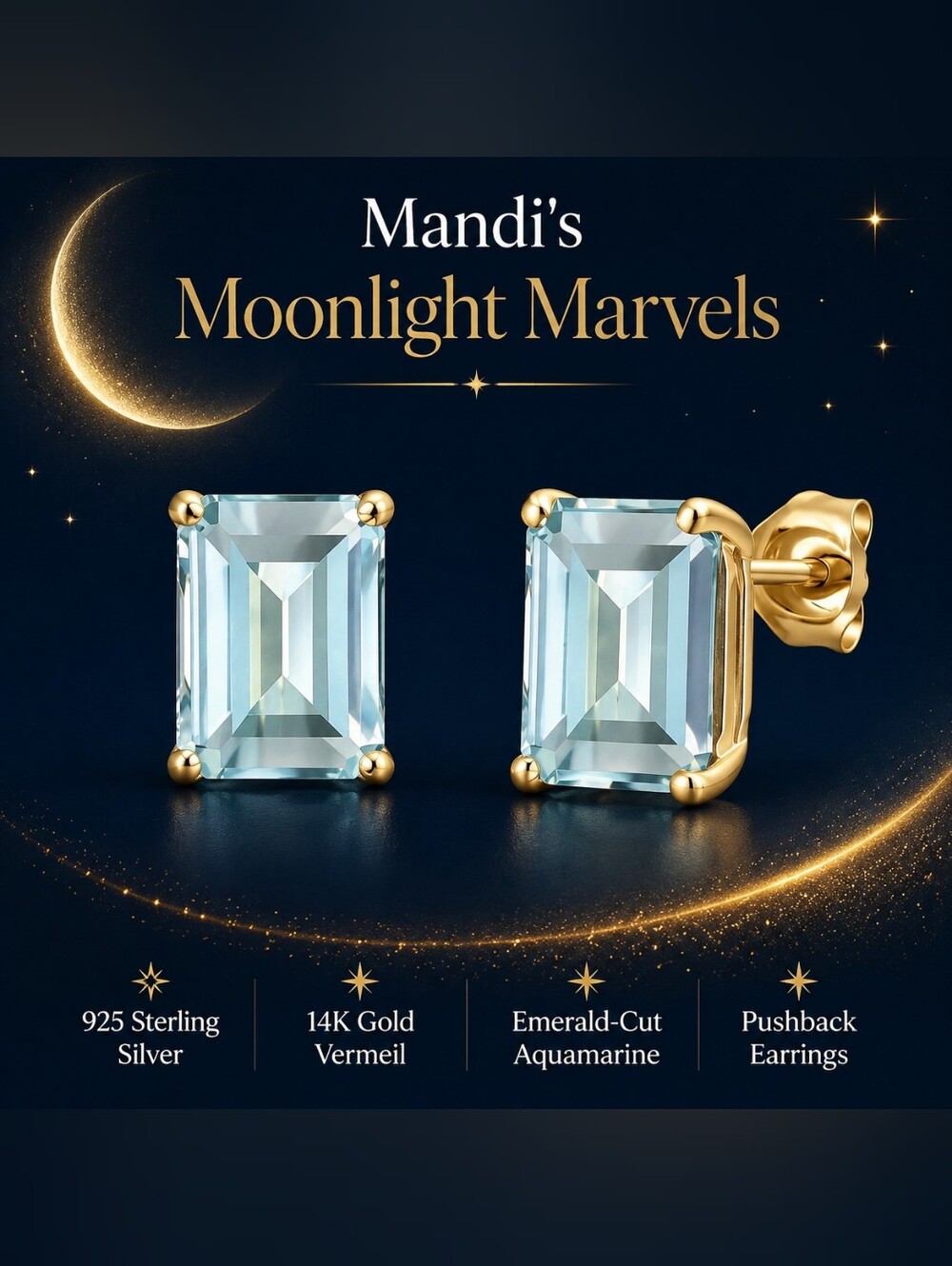 925 Sterling Aquamarine Emerald-Cut Stud Earrings in 14K Gold Vermeil